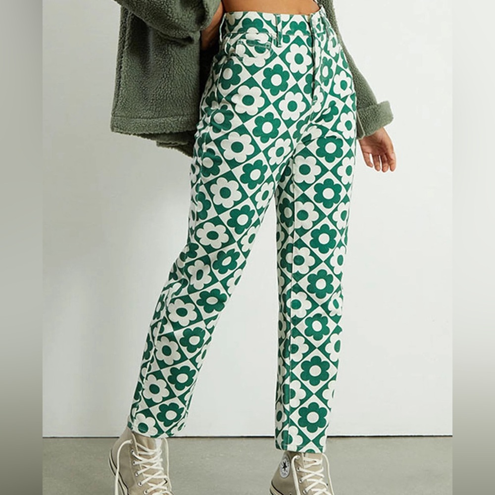 NWT Size 28 Pacsun Green & White Daisy Check High Waisted Straight Leg Jean